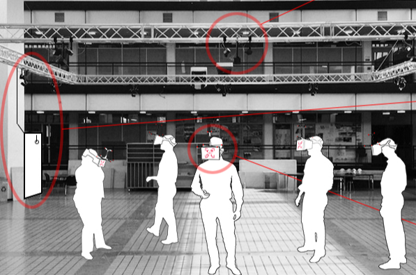 Digital rendering of individuals wearing VR headsets in the Rapson Courtyard.