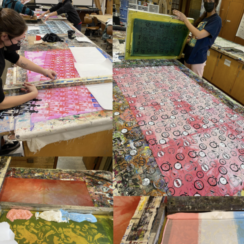 Student working with printmaking materials